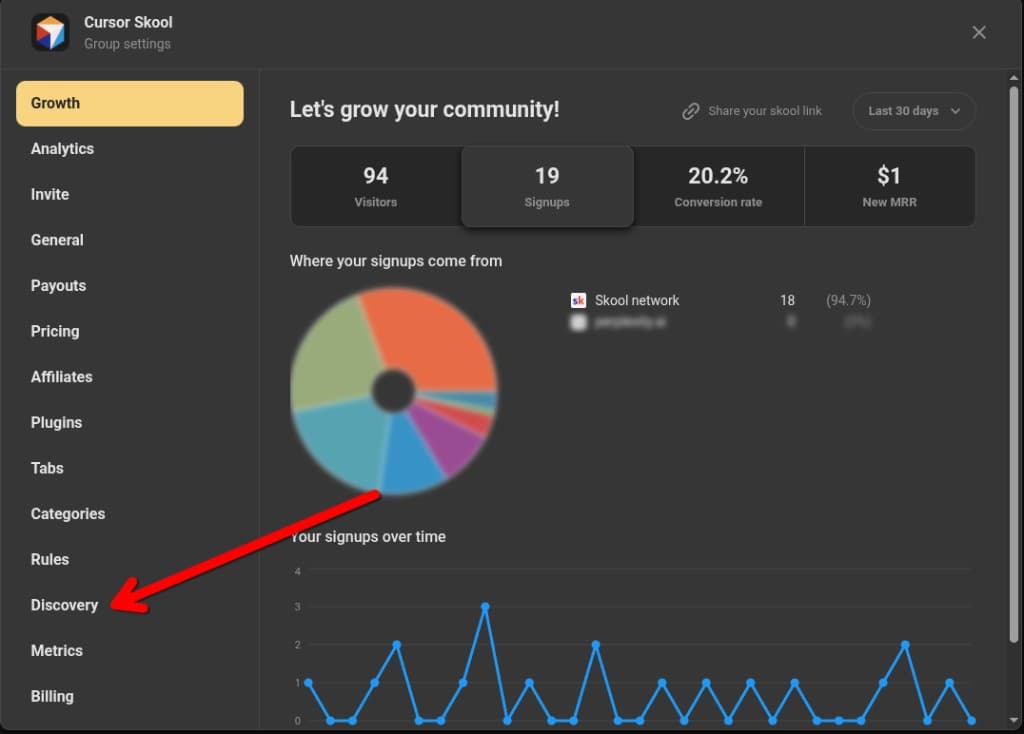 Skool Discovery tab in Community settings - click the Discovery option in the left sidebar to view your community ranking