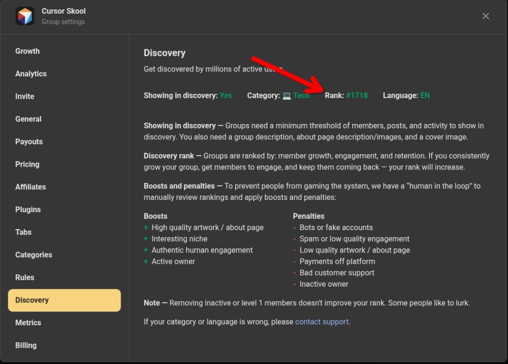 Skool community ranking display showing Rank #1718 in the Discovery tab alongside category and language settings